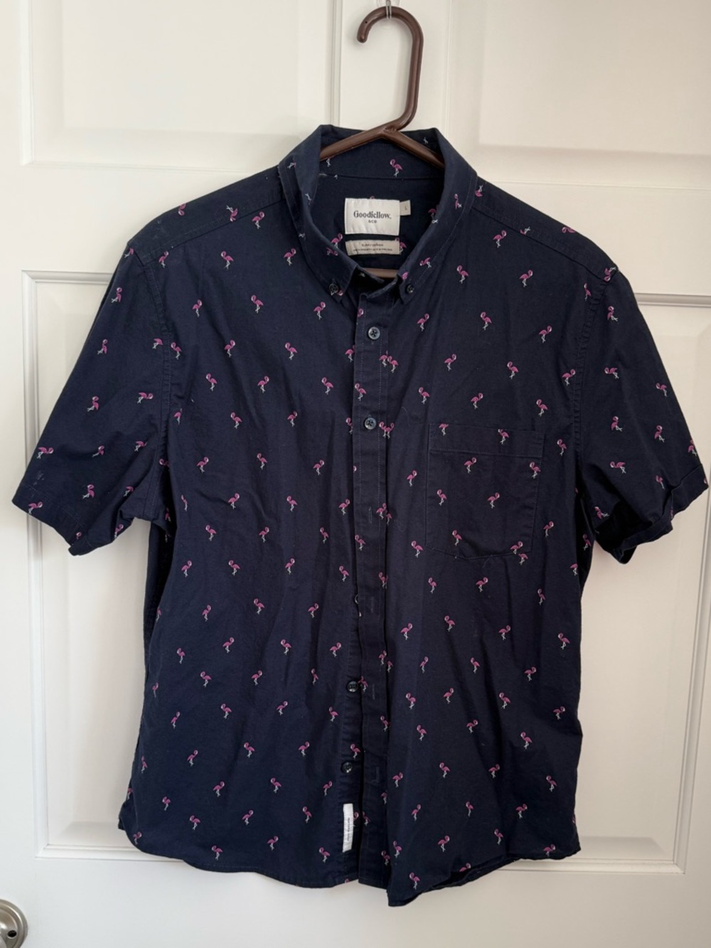 Blue Short Sleeve Button Down Shirt with Pink Flamingos